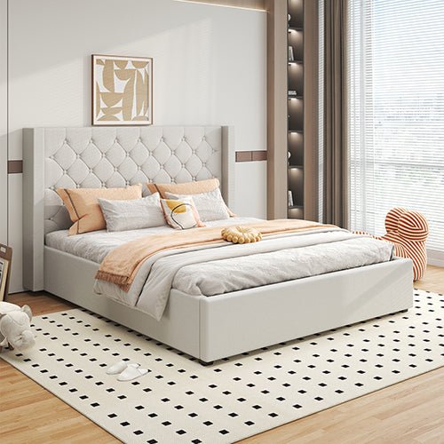 Veronica Bed Frame Double Size Winged Grey Linen Fabric Seam Grid Pattern with gas lift plywood metal structure - Furniture > Bedroom > Beds & Bed Frames - Bedzy Australia