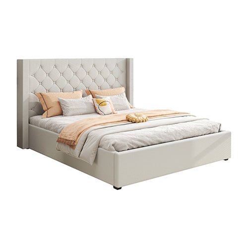 Veronica Bed Frame Double Size Winged Grey Linen Fabric Seam Grid Pattern with gas lift plywood metal structure - Furniture > Bedroom > Beds & Bed Frames - Bedzy Australia