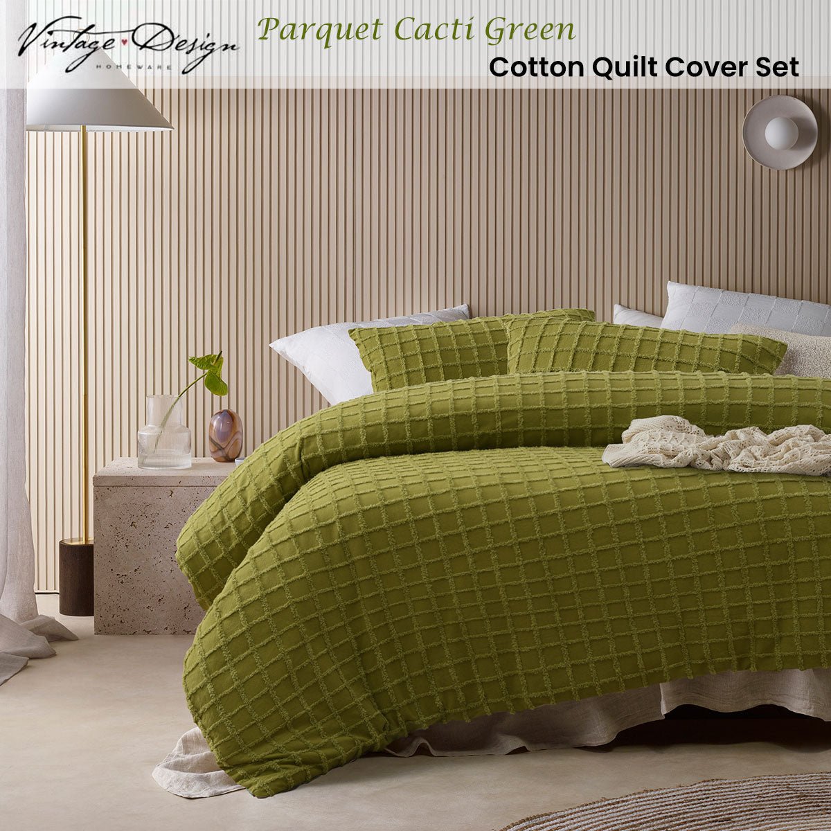 Vintage Design Homewares Parquet Cacti Green Cotton Quilt Cover Set Double - Home & Garden > Bedding > Duvet Covers - Bedzy Australia