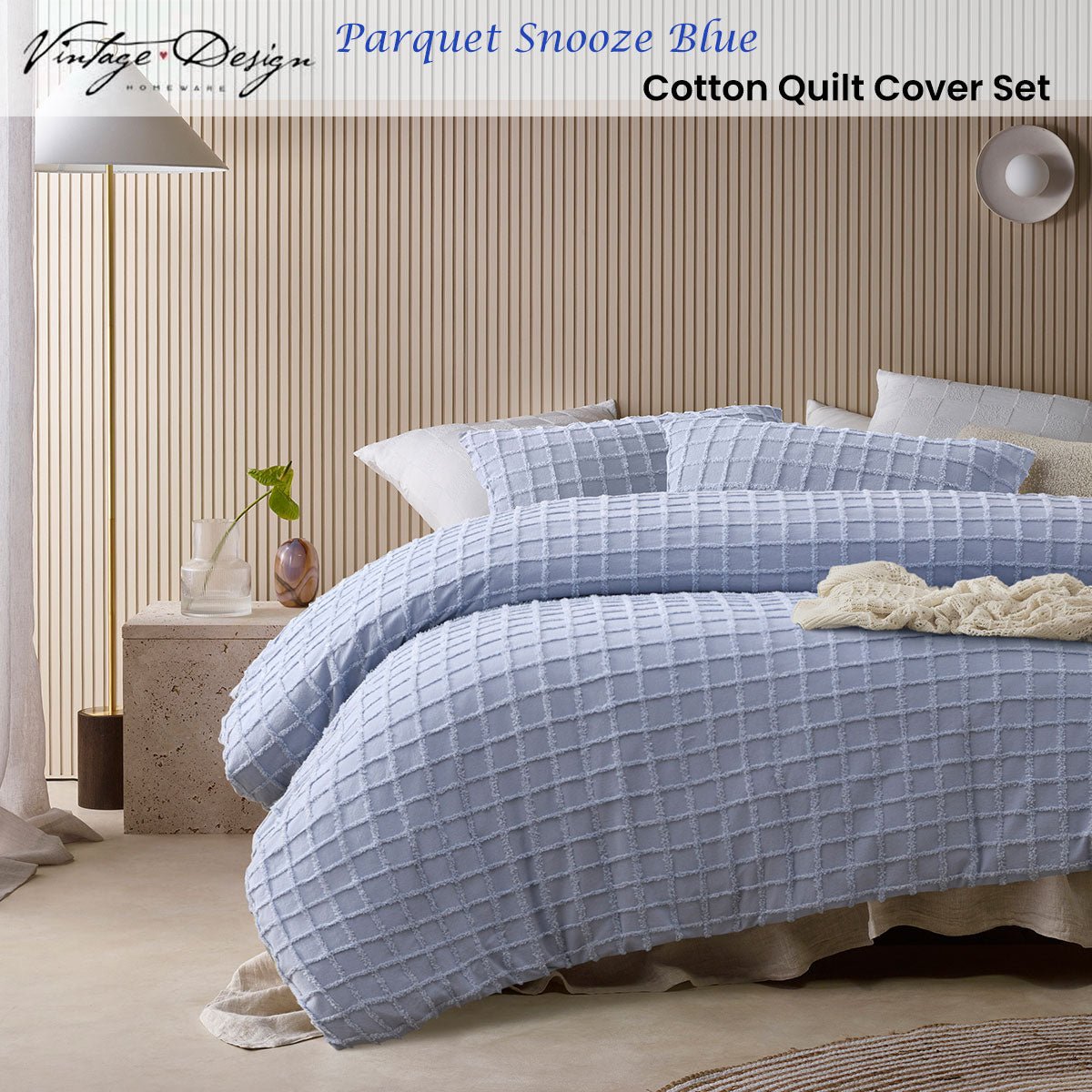 Vintage Design Homewares Parquet Snooze Blue Cotton Quilt Cover Set Double - Home & Garden > Bedding > Duvet Covers - Bedzy Australia