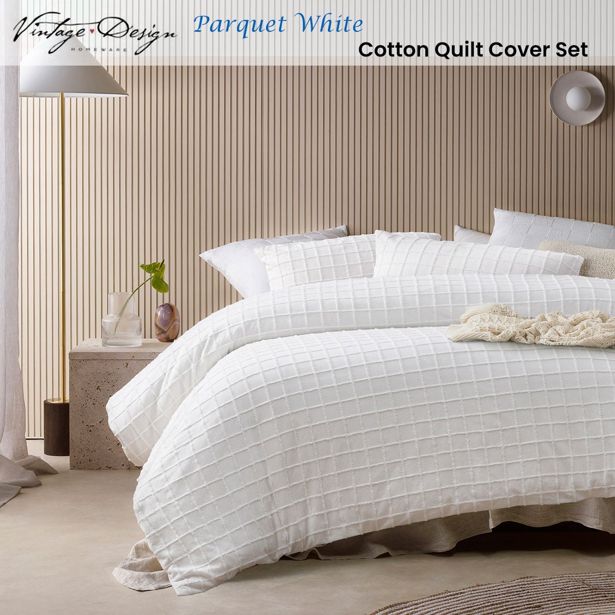 Vintage Design Homewares Parquet White Cotton Quilt Cover Set Double - Home & Garden > Bedding > Duvet Covers - Bedzy Australia