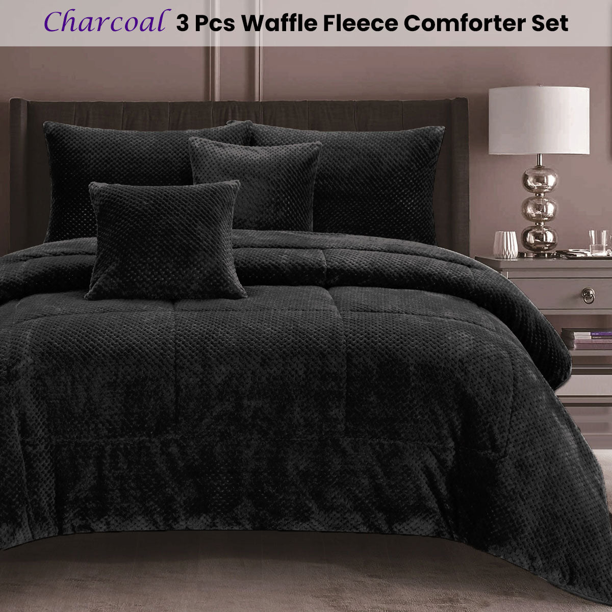 Waffle Fleece Charcoal 3 Pcs Comforter Set Queen - Home & Garden > Bathroom Accessories - Bedzy Australia