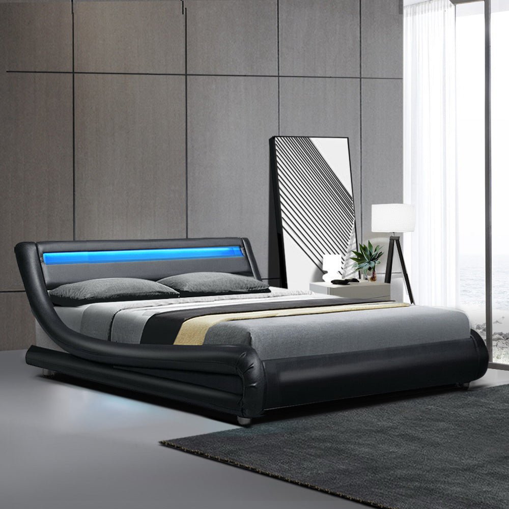 Werri LED Light Queen Bed Frame Base Black - Bedzy Australia