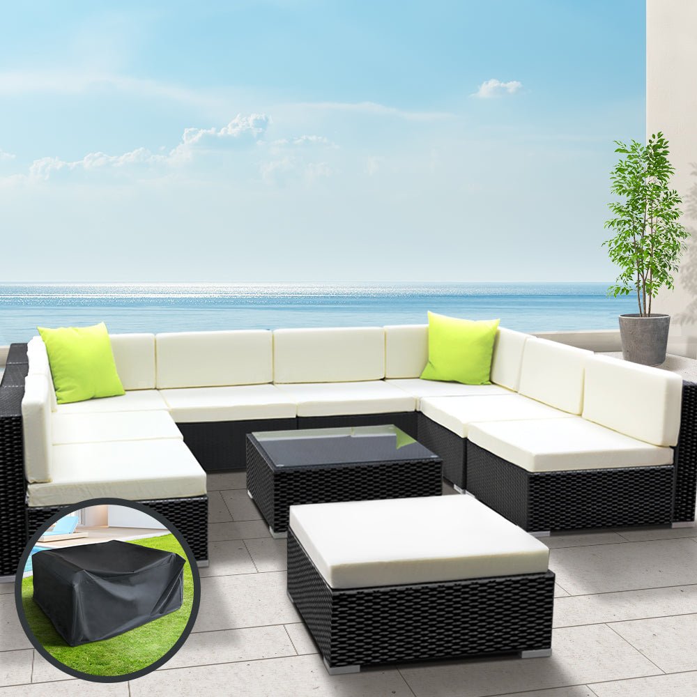 10 Piece Wicker Outdoor Lounge with Storage Cover - Beige - Furniture > Outdoor - Bedzy Australia