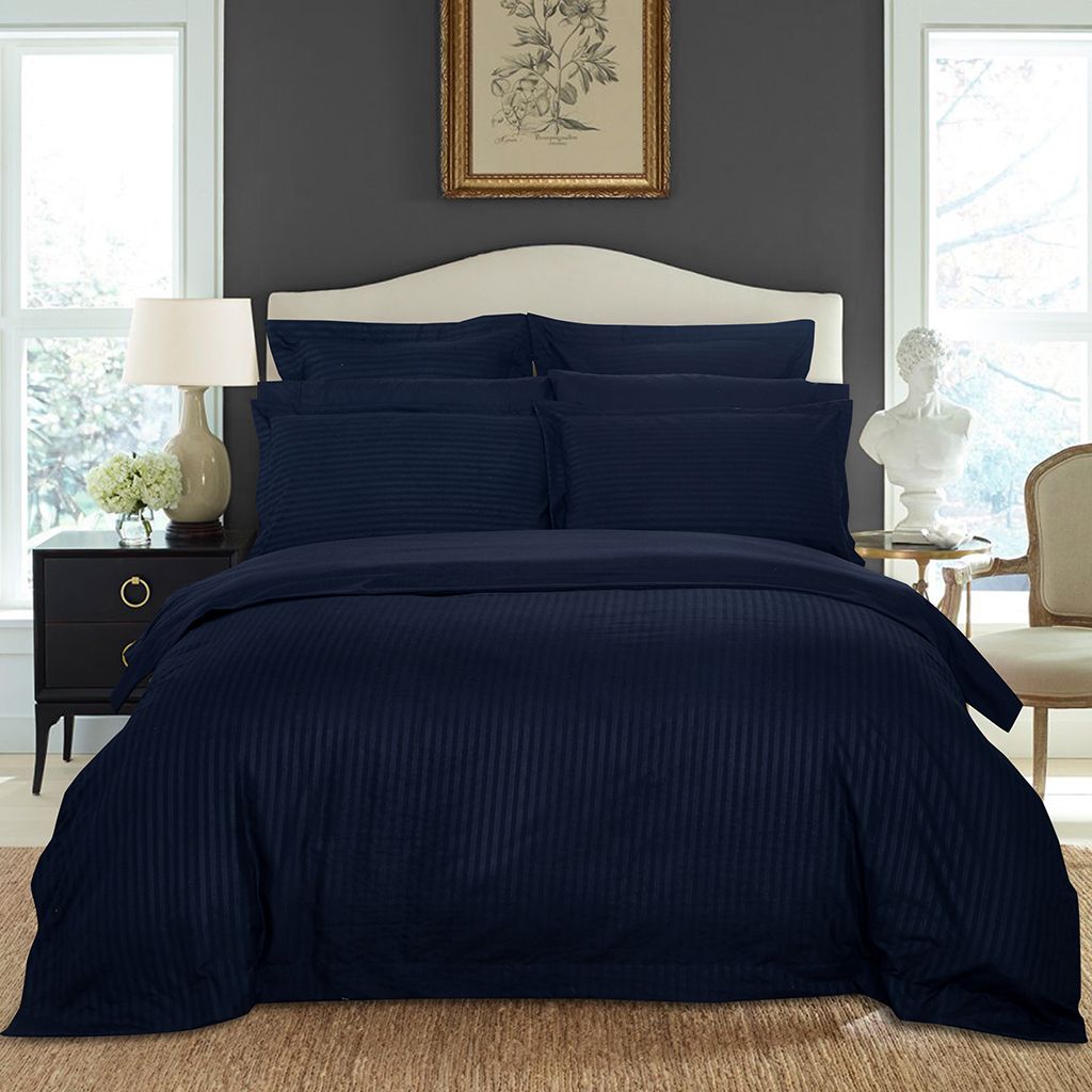 1000TC Ultra Soft Striped Super King Size Midnight Blue Duvet Doona Quilt Cover Set - Home & Garden > Bedding - Bedzy Australia