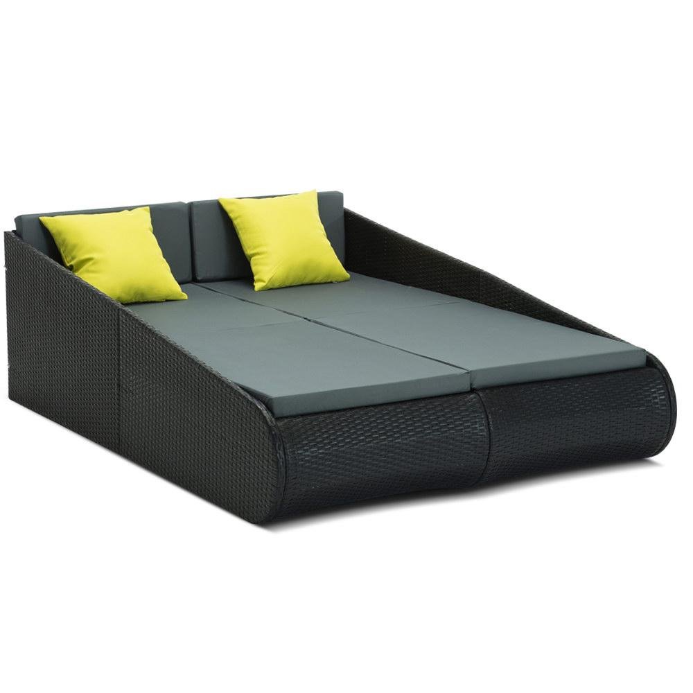 2 Seat PE Wicker Sun Lounge Daybed - Black - Bedzy Australia