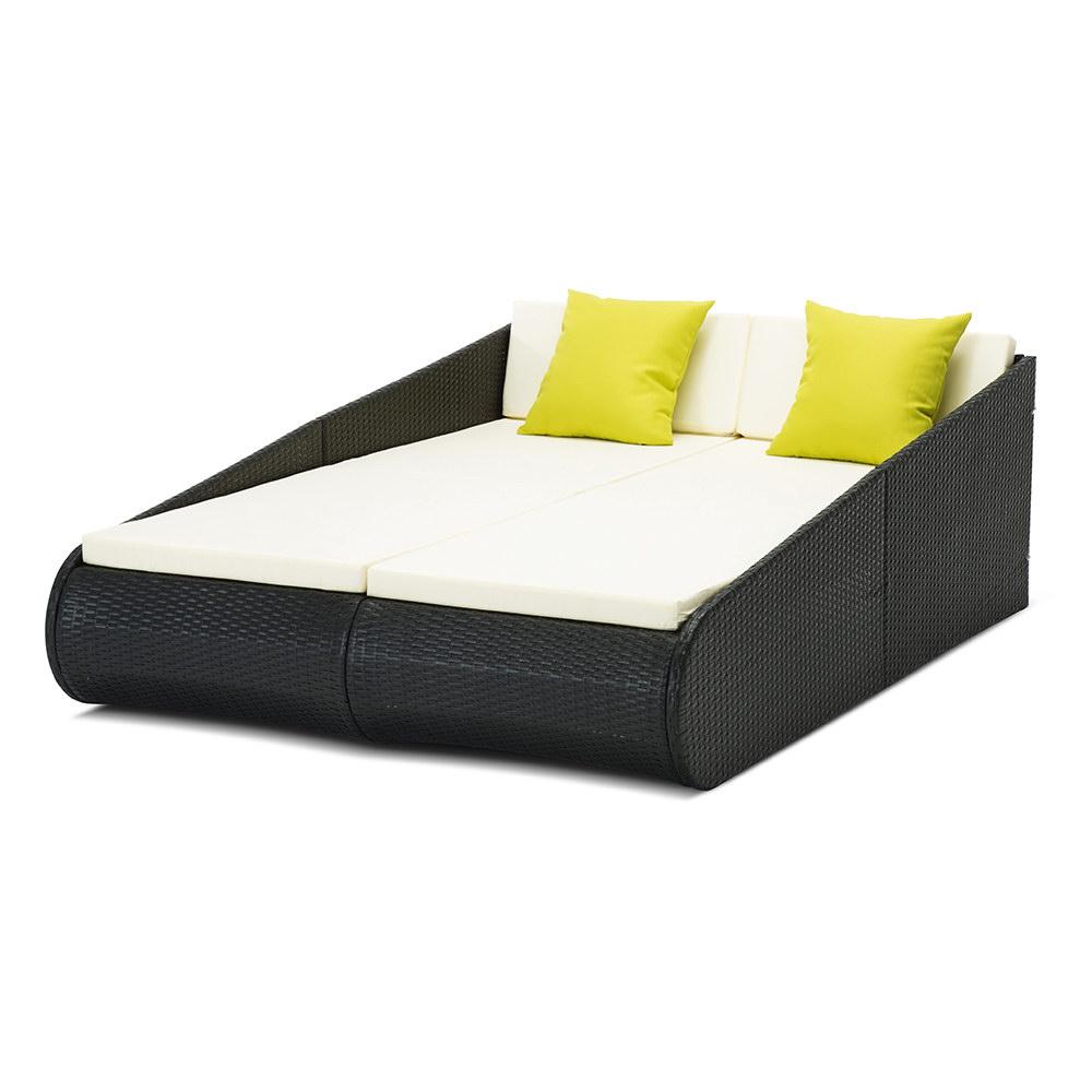 2 Seat PE Wicker Sun Lounge Daybed - Black - Bedzy Australia