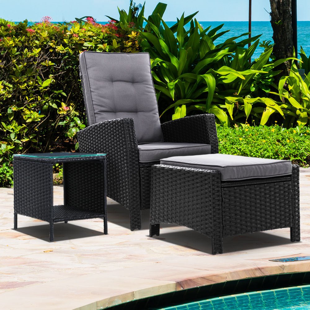 3 Piece Elise Outdoor Recliner Chair Ottoman and Table Set Black - Furniture > Outdoor - Bedzy Australia