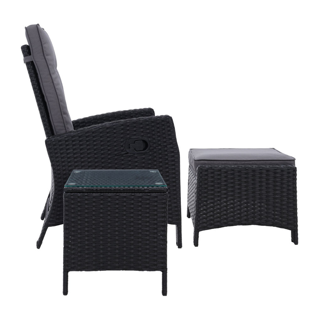 3 Piece Elise Outdoor Recliner Chair Ottoman and Table Set Black - Furniture > Outdoor - Bedzy Australia