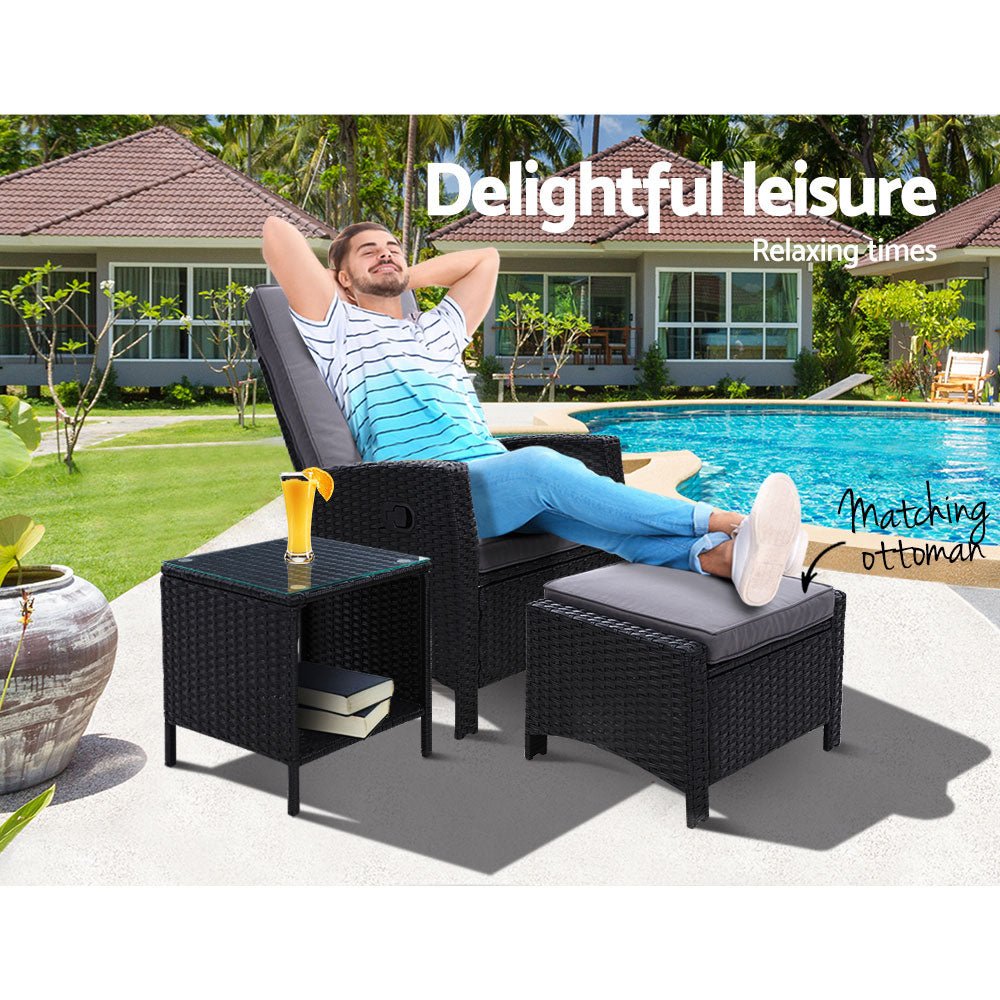 3 Piece Elise Outdoor Recliner Chair Ottoman and Table Set Black - Furniture > Outdoor - Bedzy Australia