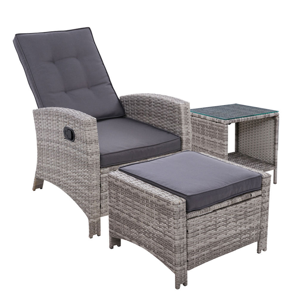 3 Piece Elise Outdoor Recliner Chair Ottoman and Table Set Grey - Furniture > Outdoor - Bedzy Australia