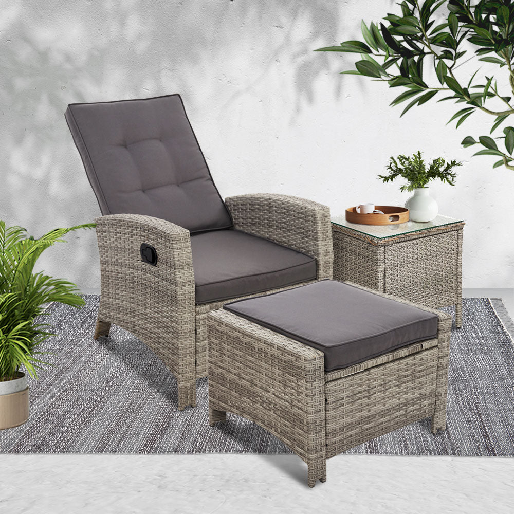 3 Piece Elise Outdoor Recliner Chair Ottoman and Table Set Grey - Furniture > Outdoor - Bedzy Australia