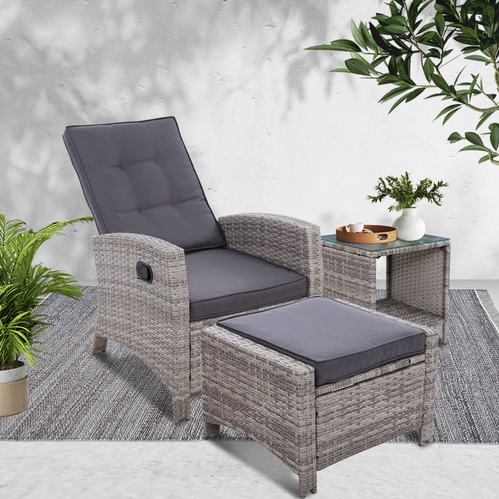 3 Piece Elise Outdoor Recliner Chair Ottoman and Table Set Grey - Furniture > Outdoor - Bedzy Australia