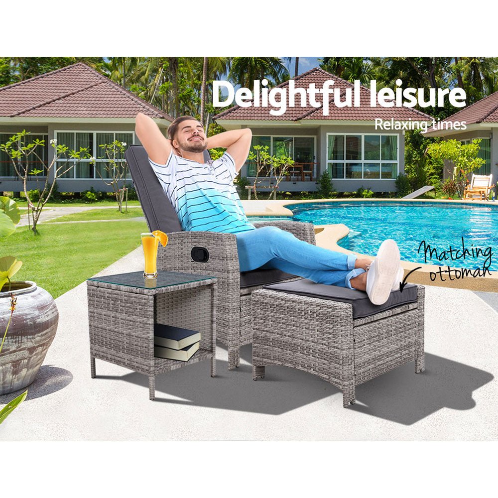 3 Piece Elise Outdoor Recliner Chair Ottoman and Table Set Grey - Furniture > Outdoor - Bedzy Australia