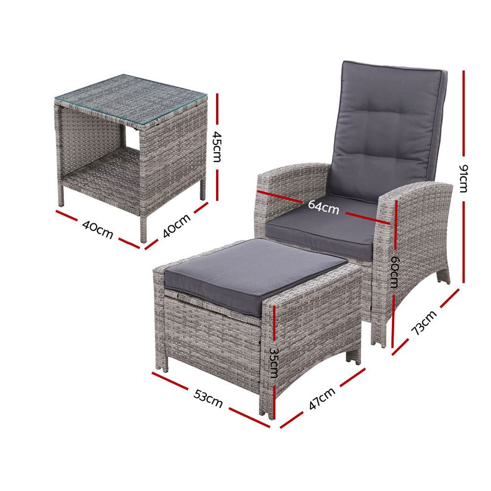 3 Piece Elise Outdoor Recliner Chair Ottoman and Table Set Grey - Furniture > Outdoor - Bedzy Australia