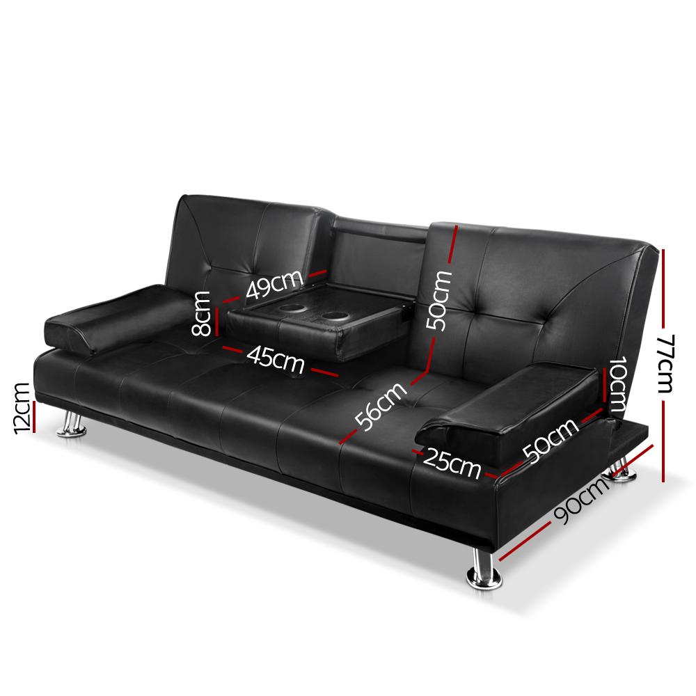 3 Seater PU Leather Sofa Bed - Black - Bedzy Australia