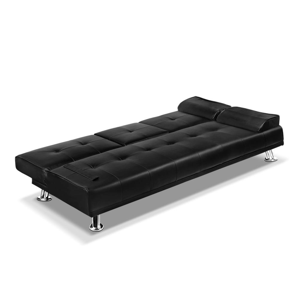 3 Seater PU Leather Sofa Bed - Black - Bedzy Australia