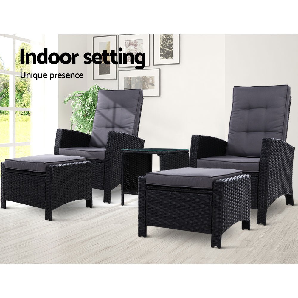 5 Piece Elise Outdoor Recliner Chair Ottoman and Table Set Black - Furniture > Outdoor - Bedzy Australia