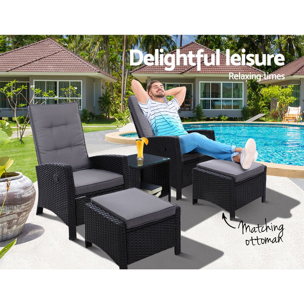 5 Piece Elise Outdoor Recliner Chair Ottoman and Table Set Black - Furniture > Outdoor - Bedzy Australia