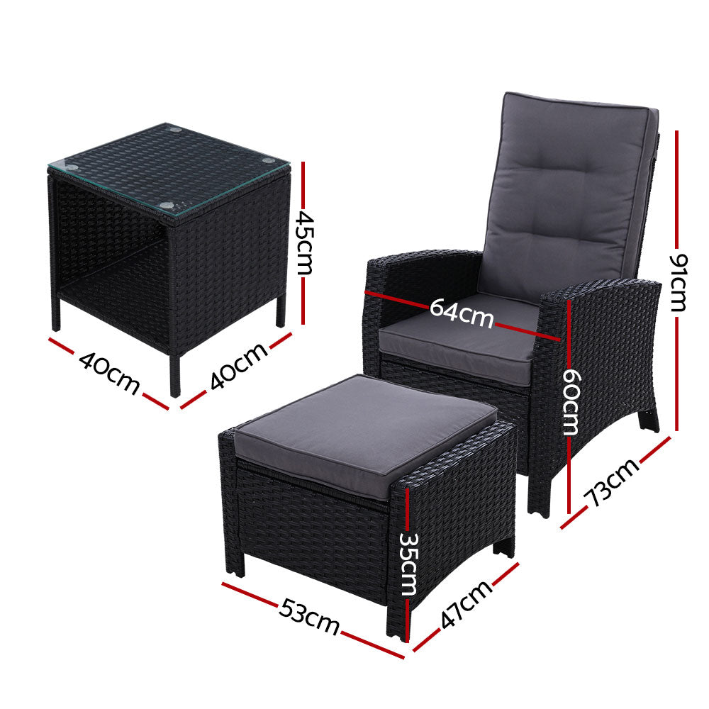 5 Piece Elise Outdoor Recliner Chair Ottoman and Table Set Black - Furniture > Outdoor - Bedzy Australia