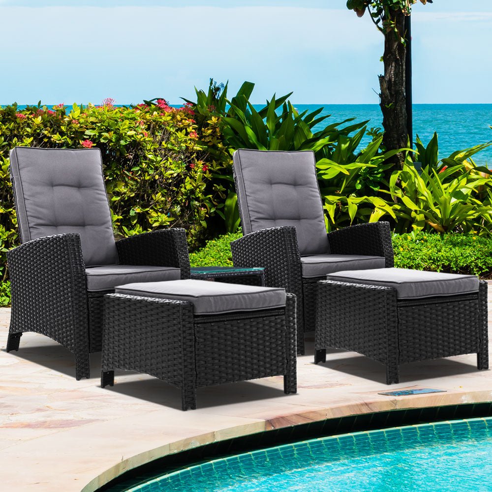 5 Piece Elise Outdoor Recliner Chair Ottoman and Table Set Black - Furniture > Outdoor - Bedzy Australia