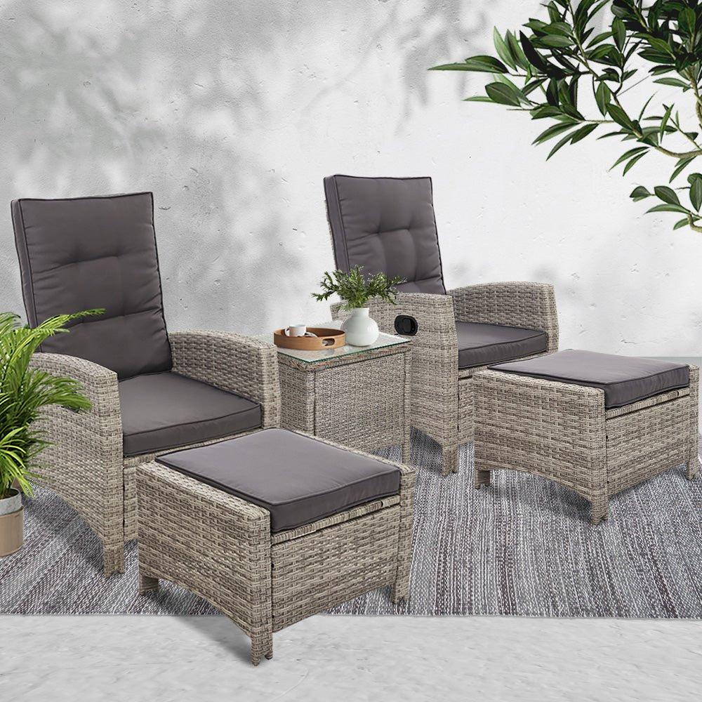 5 Piece Elise Outdoor Recliner Chair Ottoman and Table Set Grey - Furniture > Outdoor - Bedzy Australia