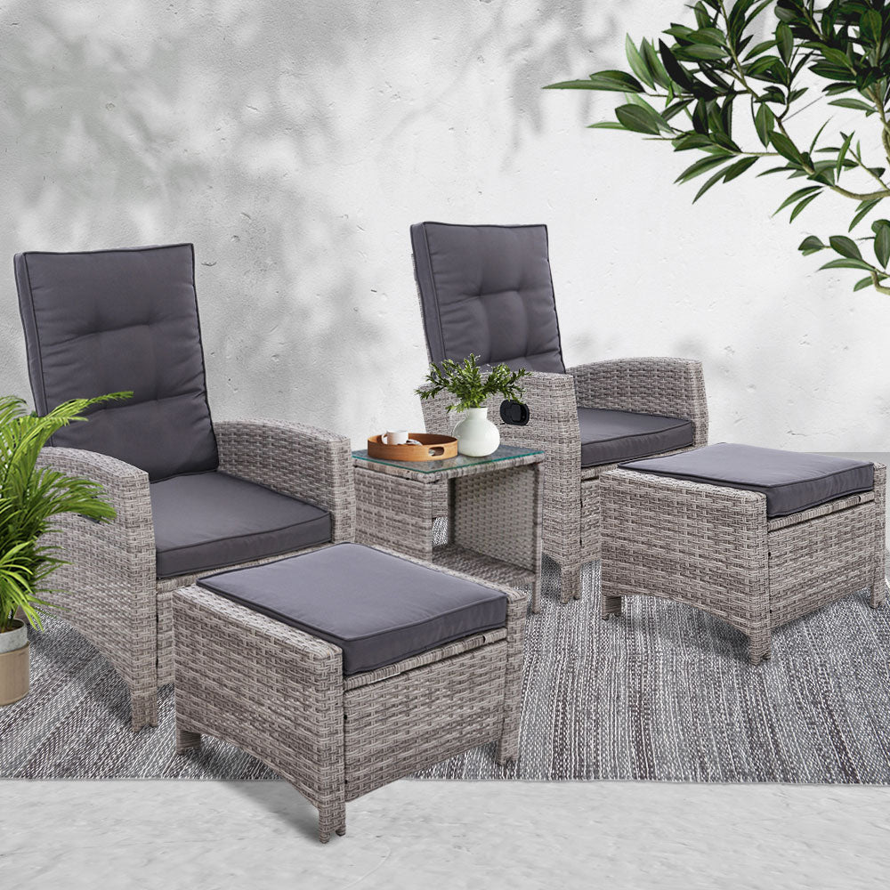 5 Piece Elise Outdoor Recliner Chair Ottoman and Table Set Grey - Furniture > Outdoor - Bedzy Australia