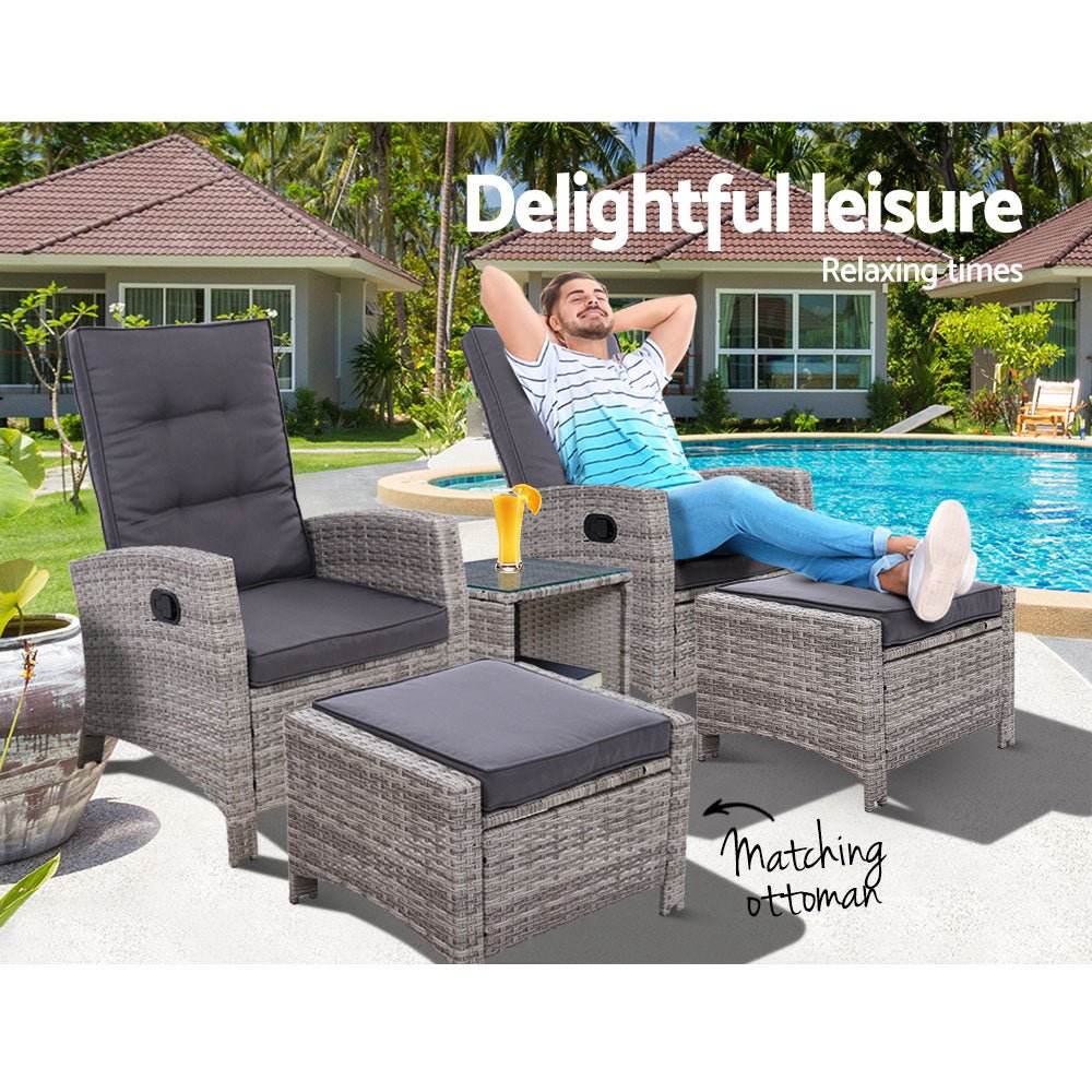 5 Piece Elise Outdoor Recliner Chair Ottoman and Table Set Grey - Furniture > Outdoor - Bedzy Australia