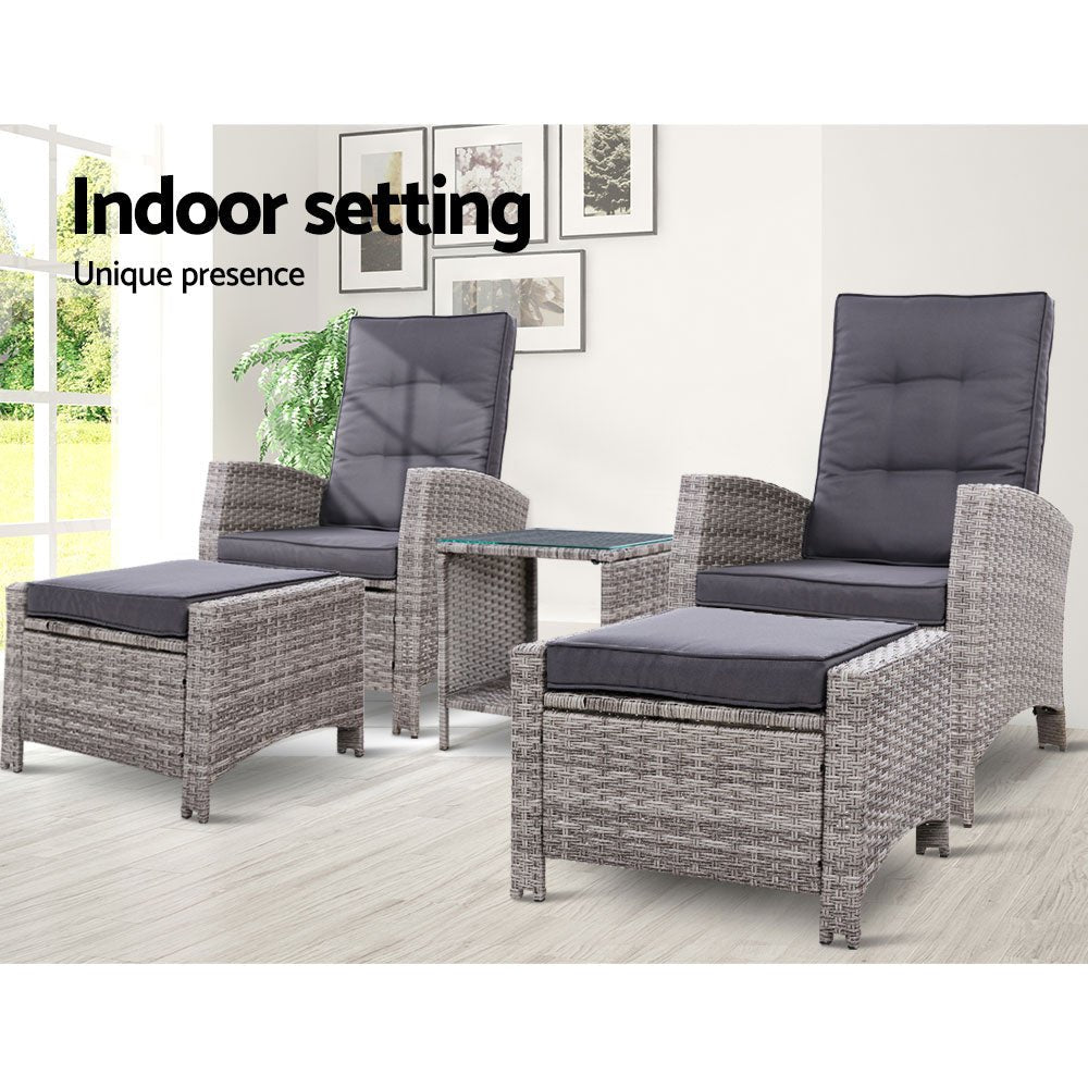 5 Piece Elise Outdoor Recliner Chair Ottoman and Table Set Grey - Furniture > Outdoor - Bedzy Australia