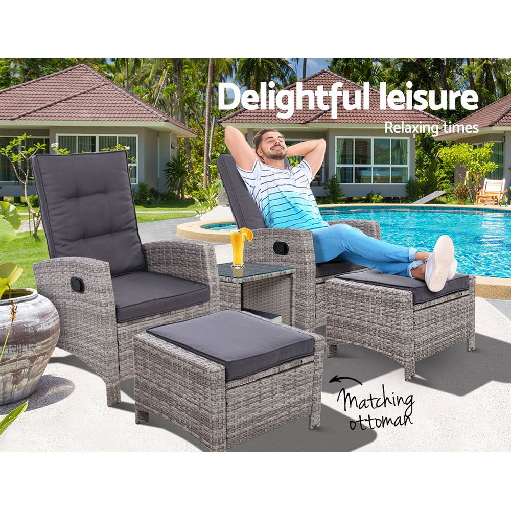 5 Piece Elise Outdoor Recliner Chair Ottoman and Table Set Grey - Furniture > Outdoor - Bedzy Australia