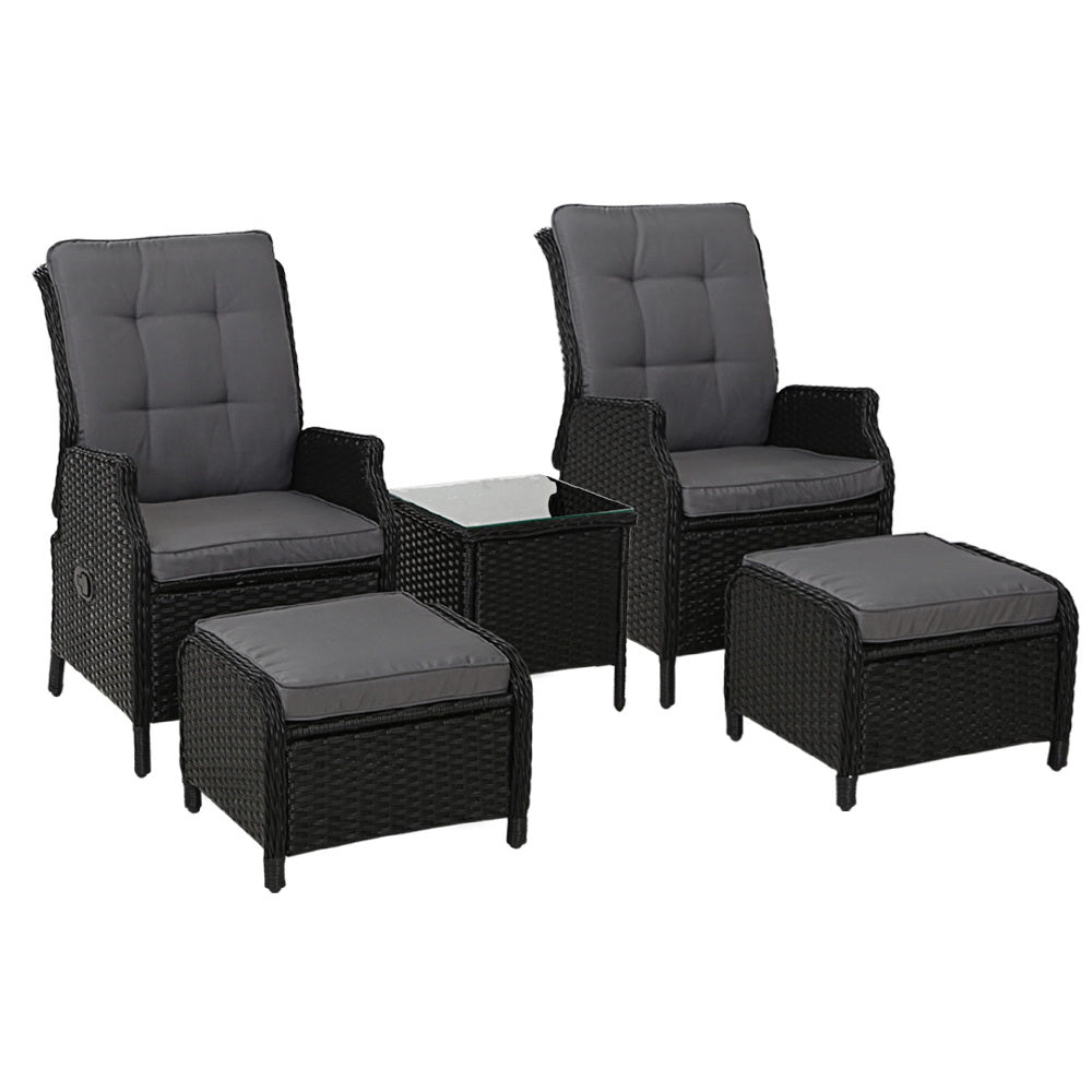 5 Piece Ella Outdoor Recliner Chair Ottoman and Table Set Black - Furniture > Outdoor - Bedzy Australia