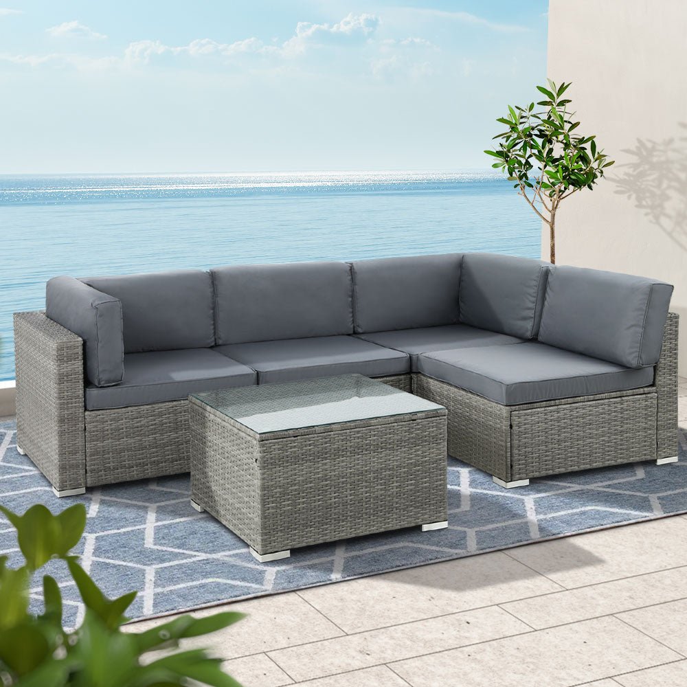 5 Piece Noosa Outdoor Wicker Sofa Set - Grey - Furniture > Outdoor - Bedzy Australia