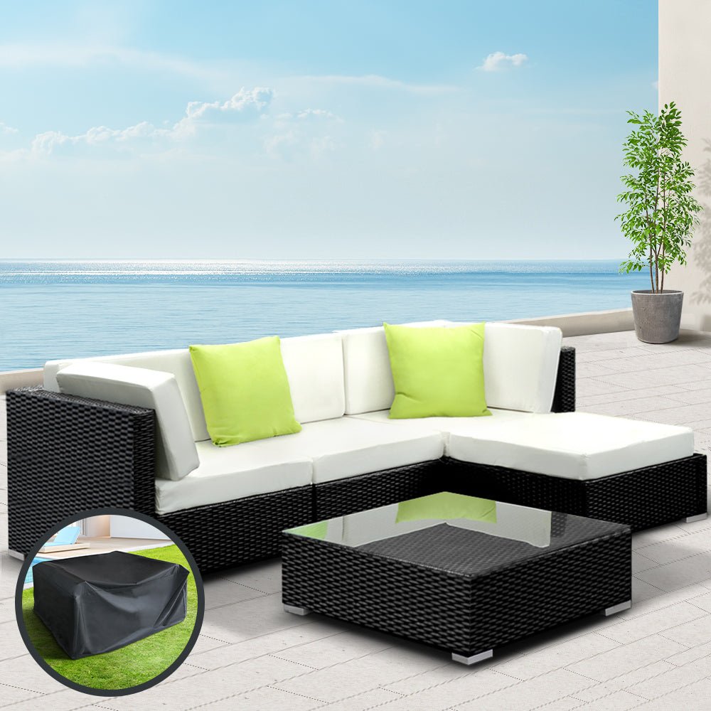 5 Piece Wicker Outdoor Lounge with Storage Cover - Beige - Furniture > Outdoor - Bedzy Australia