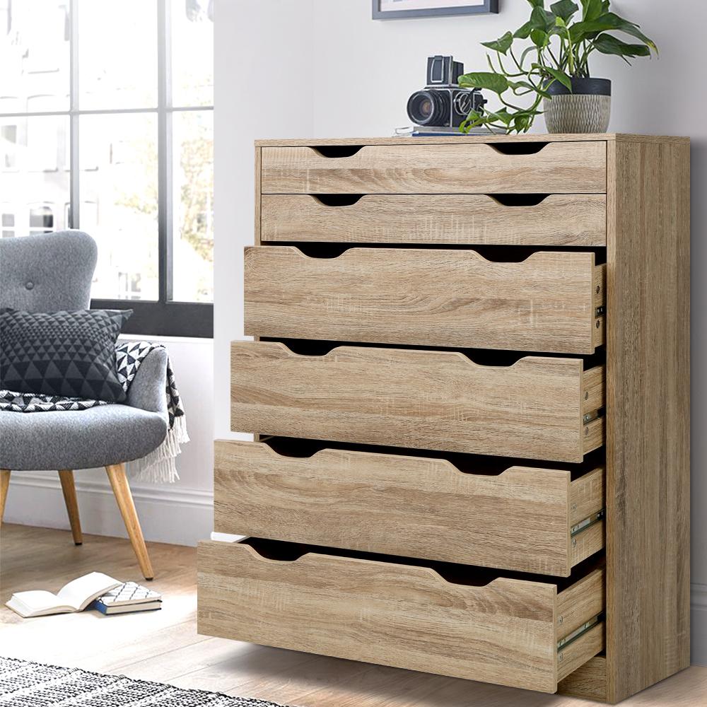 6 Drawer Tallboy Storage Dresser Oak - Bedzy Australia