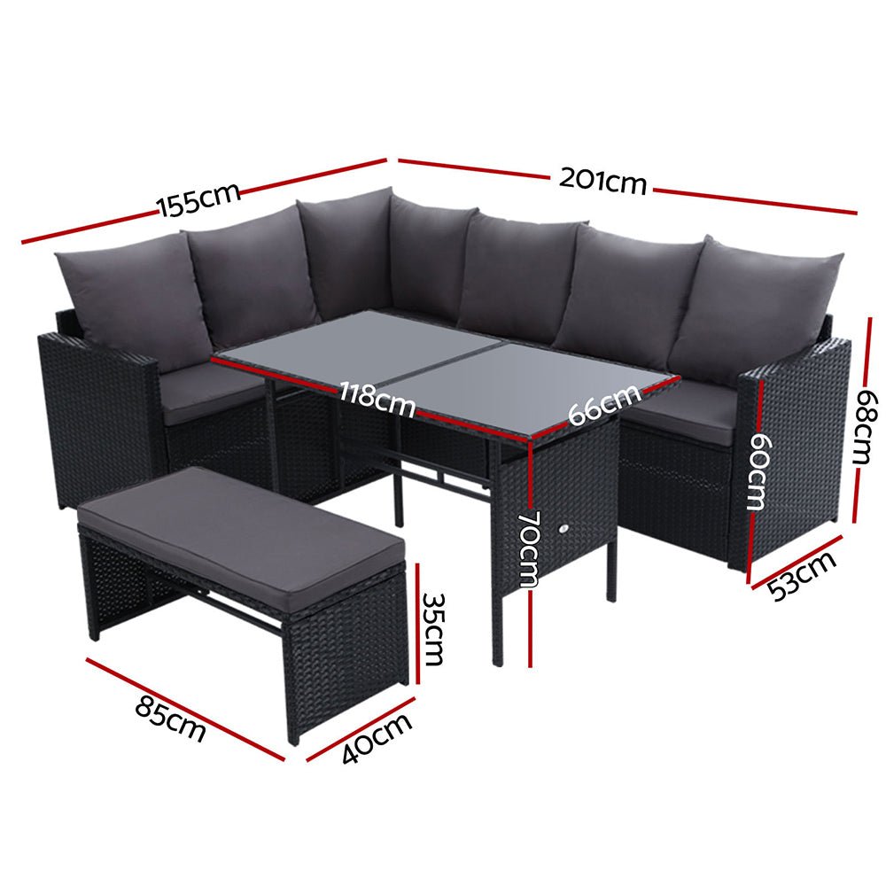 8 Seat Wicker Outdoor Lounge Setting - Black - Furniture > Outdoor - Bedzy Australia