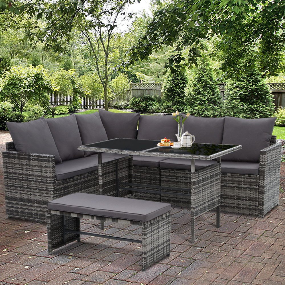 8 Seat Wicker Outdoor Lounge Setting with Storage Cover - Mixed Grey - Furniture > Outdoor - Bedzy Australia