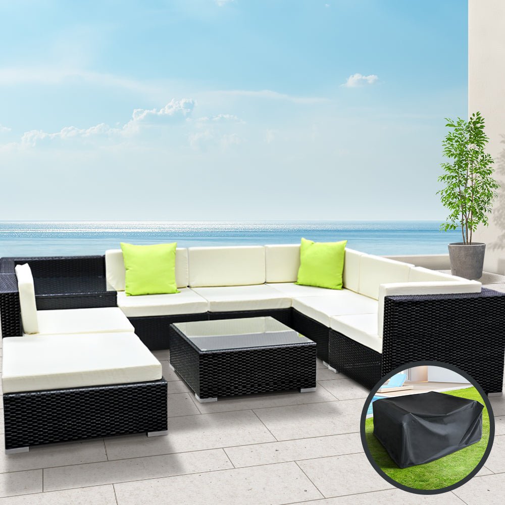 9 Piece Wicker Outdoor Lounge with Storage Cover - Beige - Furniture > Outdoor - Bedzy Australia