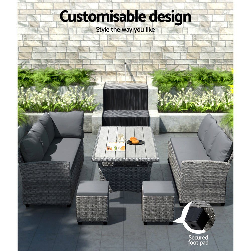 9 Seat Outdoor Wicker Lounge Dining Set - Mixed Grey - Furniture > Outdoor - Bedzy Australia