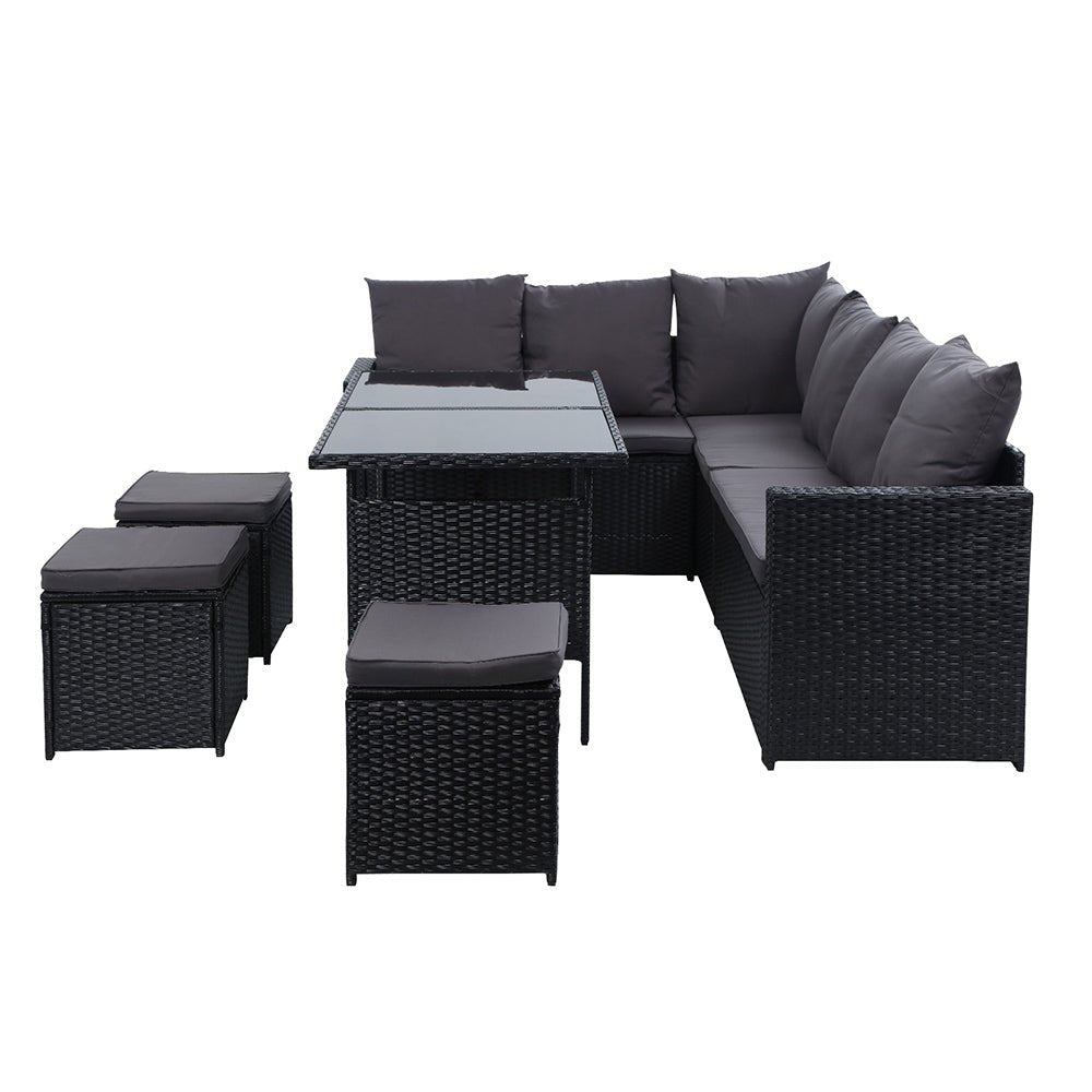 9 Seat Wicker Outdoor Lounge Setting - Black - Furniture > Outdoor - Bedzy Australia