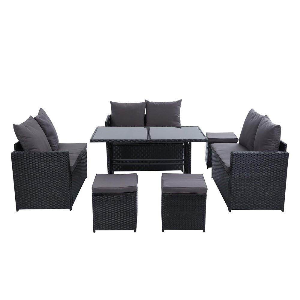 9 Seat Wicker Outdoor Lounge Setting - Black - Furniture > Outdoor - Bedzy Australia