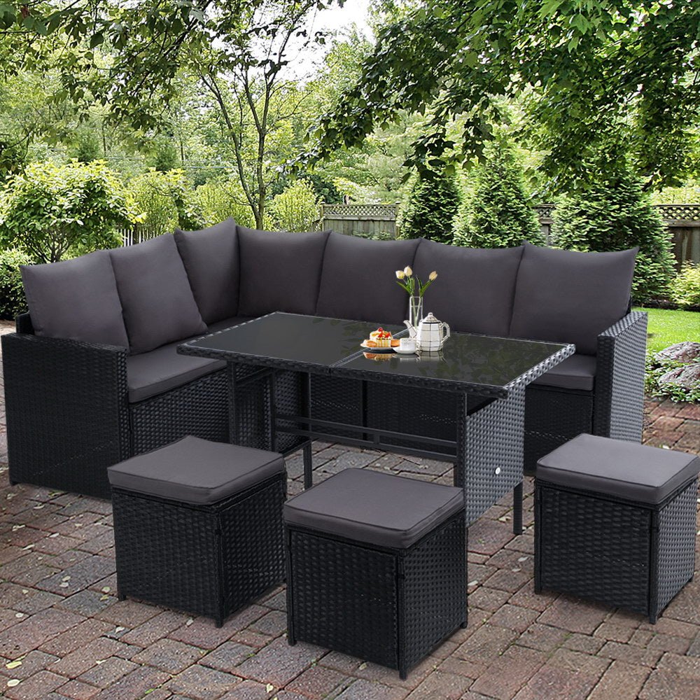 9 Seat Wicker Outdoor Lounge Setting - Black - Furniture > Outdoor - Bedzy Australia