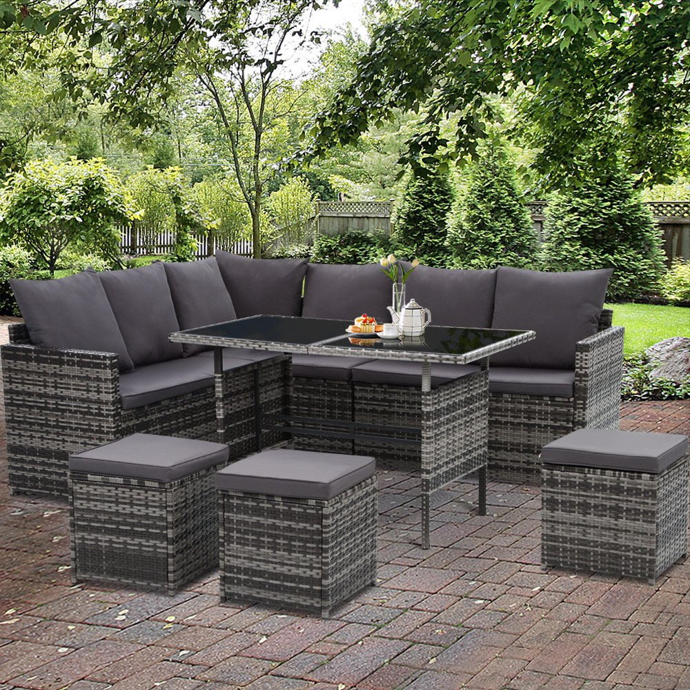 9 Seat Wicker Outdoor Lounge Setting - Mixed Grey - Furniture > Outdoor - Bedzy Australia