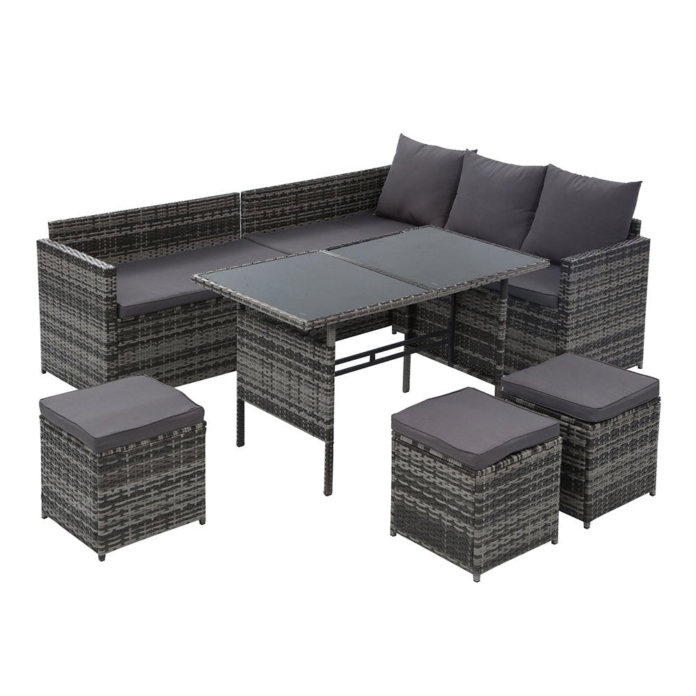 9 Seat Wicker Outdoor Lounge Setting - Mixed Grey - Furniture > Outdoor - Bedzy Australia