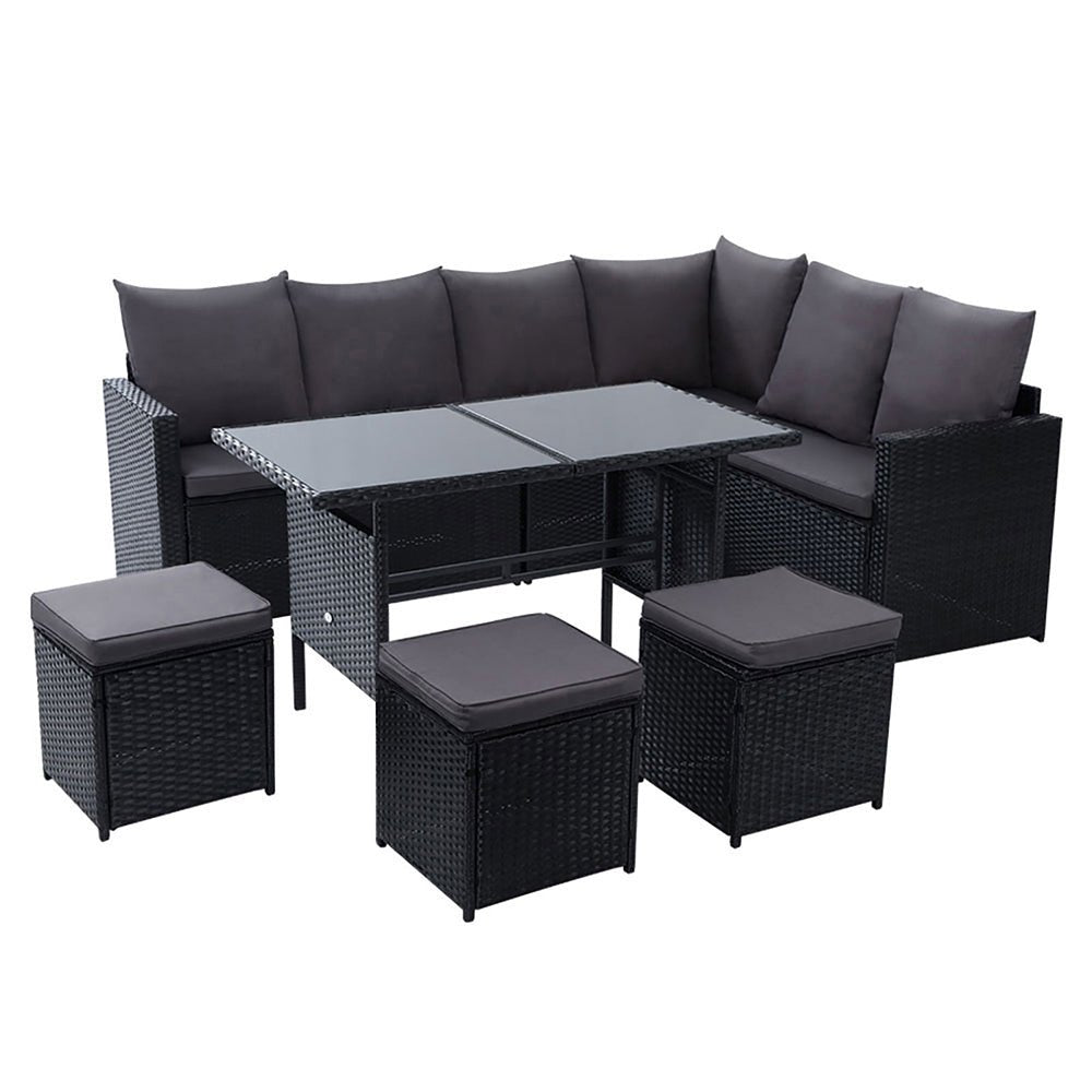 9 Seat Wicker Outdoor Lounge Setting with Storage Cover - Black - Furniture > Outdoor - Bedzy Australia