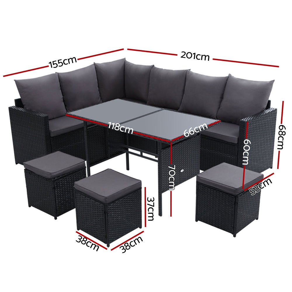 9 Seat Wicker Outdoor Lounge Setting with Storage Cover - Black - Furniture > Outdoor - Bedzy Australia