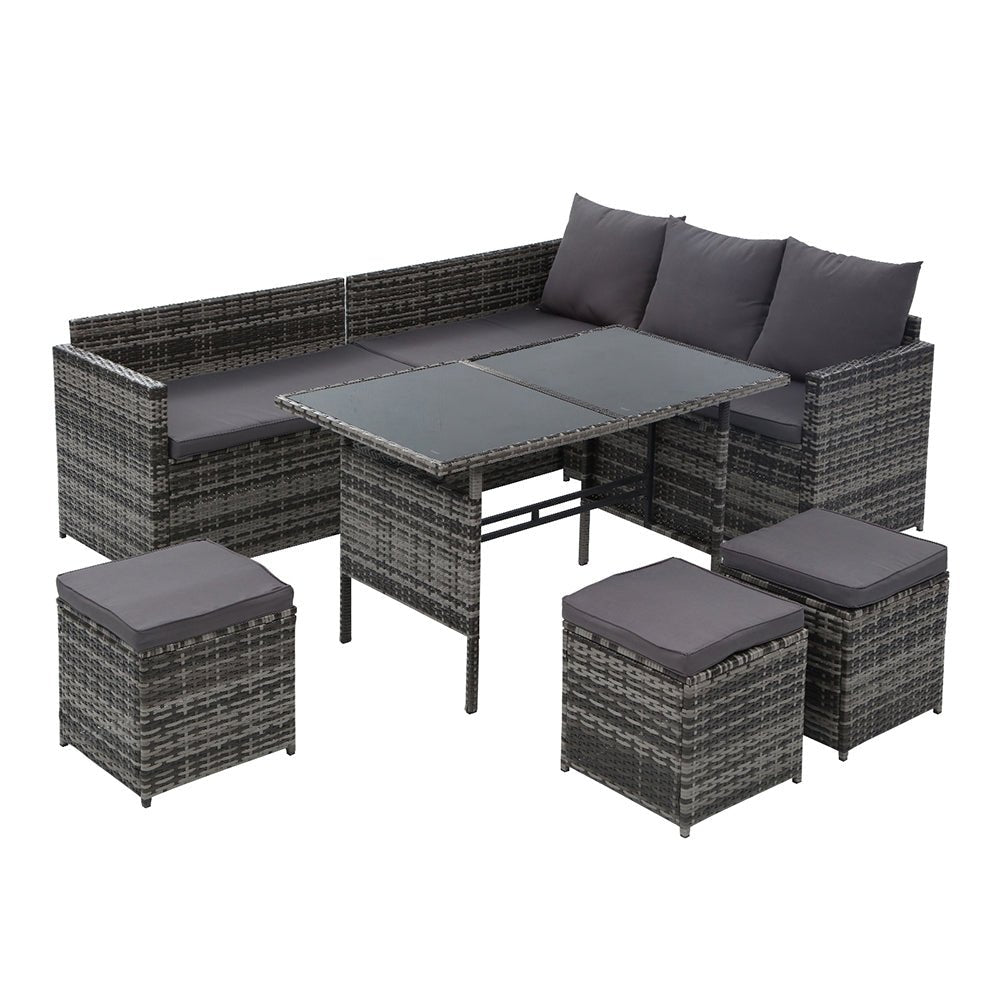 9 Seat Wicker Outdoor Lounge Setting with Storage Cover - Mixed Grey - Furniture > Outdoor - Bedzy Australia