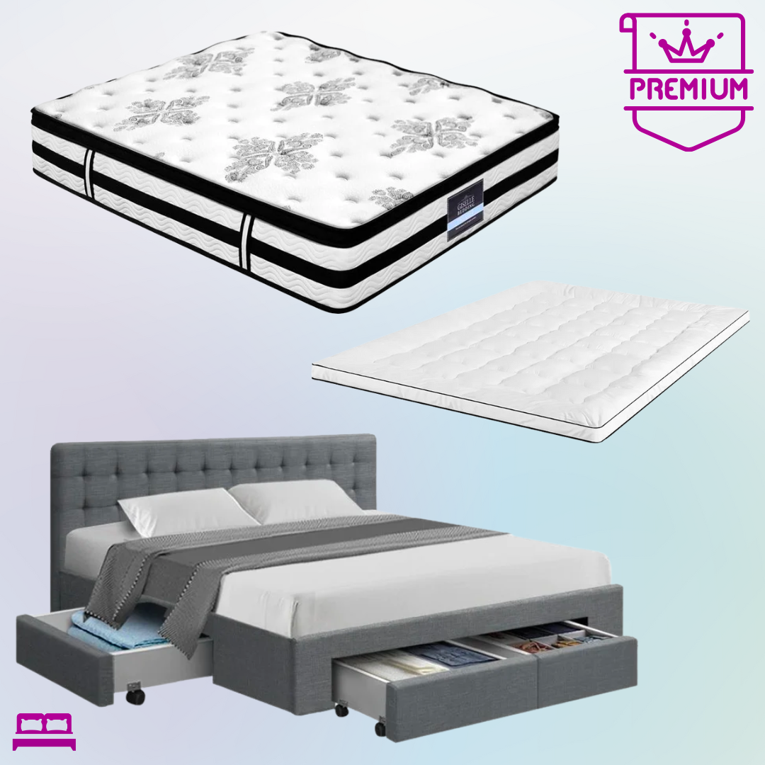 King Premium Package | Trinity Bed Grey, Algarve Euro Top Mattress (Medium Firm) & Deluxe Mattress Topper! - Bedzy Australia