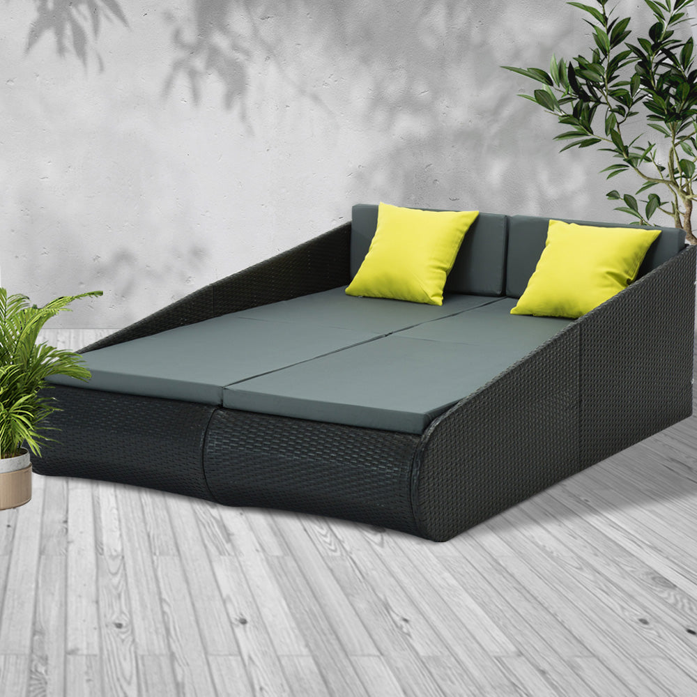 2 Seat PE Wicker Sun Lounge Daybed - Black - Bedzy Australia