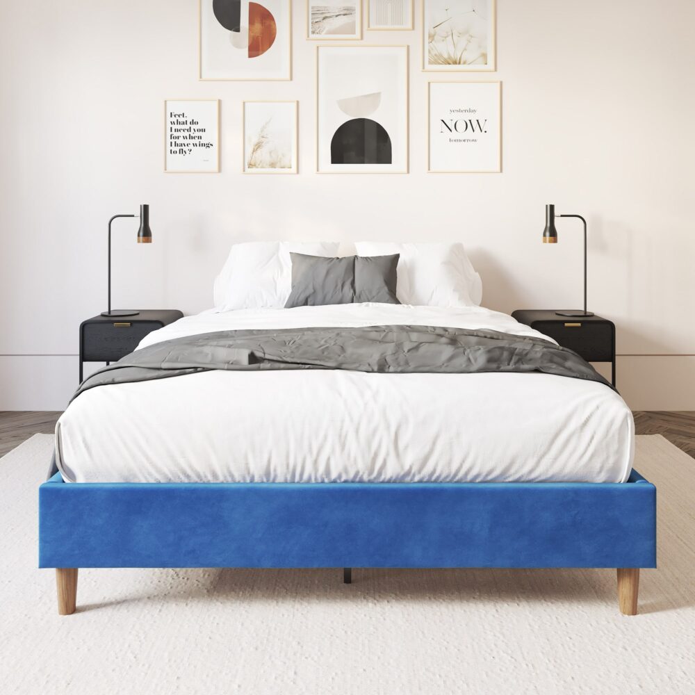 Alexandra Double Bed Base Velvet Blue - Furniture > Bedroom - Bedzy Australia