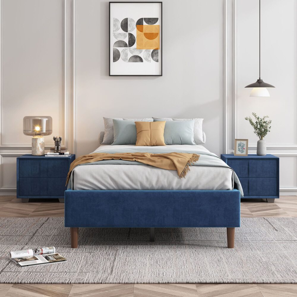 Alexandra Double Bed Base Velvet Blue - Furniture > Bedroom - Bedzy Australia